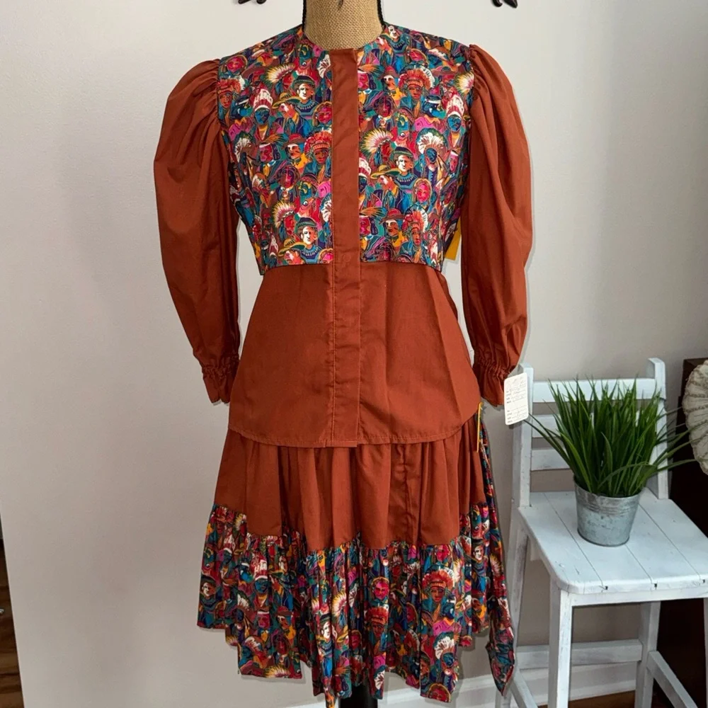 Kate Schorer NWT western Native Indian print vintage top/skirt Unique set S/M